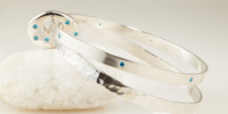 Two Recycled Silver Flat Bangles with Solid Stone Set Recycled Silver Pebble