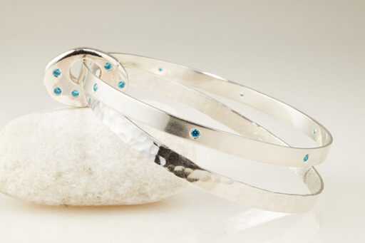 Two Recycled Silver Flat Bangles with Solid Stone Set Recycled Silver Pebble